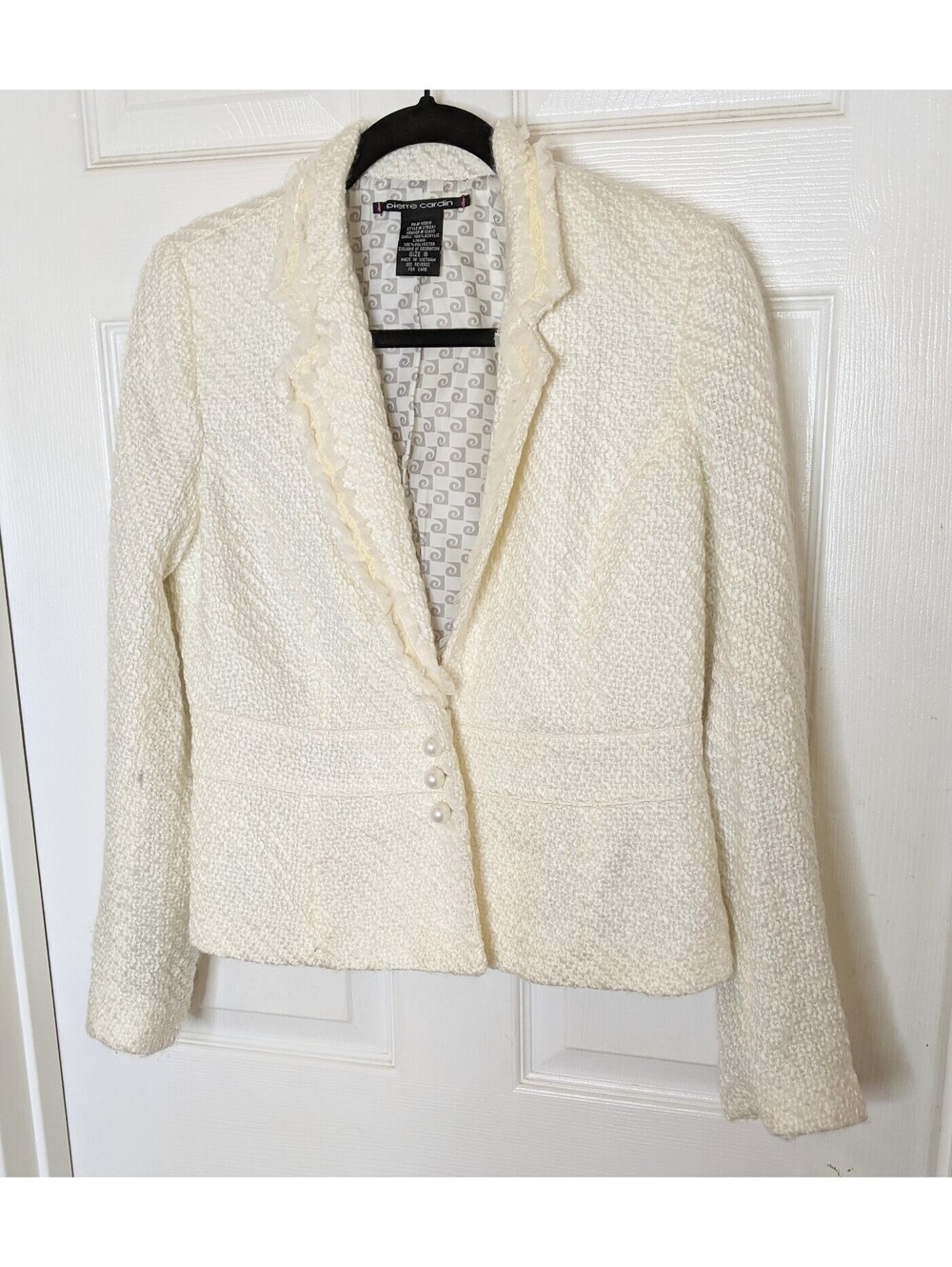 Vintage Pierre Cardin Ivory Blazer Faux Pearl Buttons Lace Trim Fitted Size 8